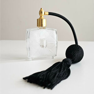 Art Deco Style Frosted Glass Perfume Bottle Atomizer Black Tassel & Gold Pump